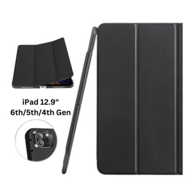 iPad 12.9" (1st/2nd/3rd/4th/5th/6th Gen) Flip Cover Shockproof Case with Pencil Holder - Black