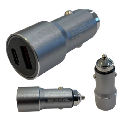 PD & USB Dual Car Charger - Heavy Duty Aluminum Base (Silver)