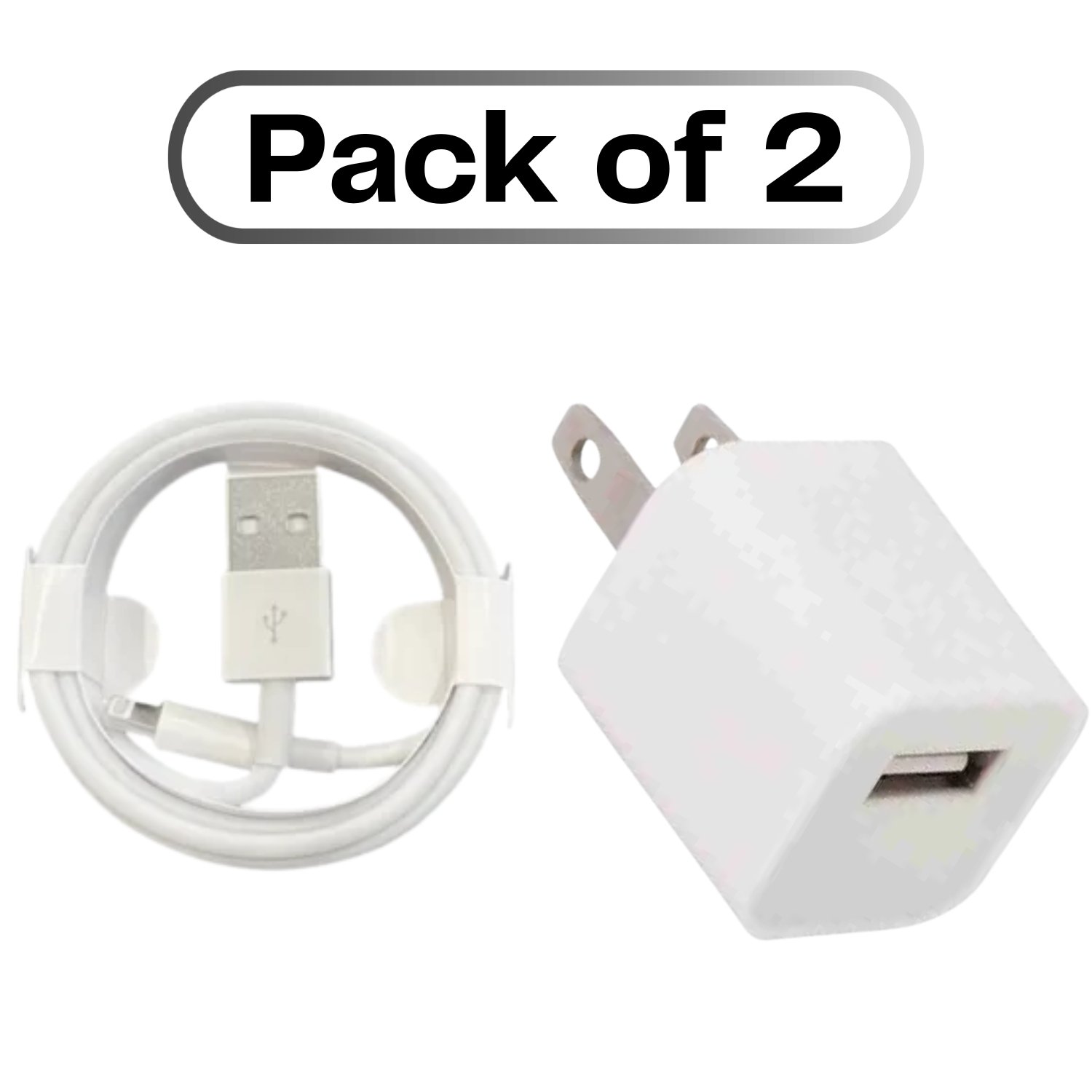 (Pack of 2) - White 2 PIN 5W Lightning (Loose)+1M USB to Lightning Cable 5W Lightning Charger